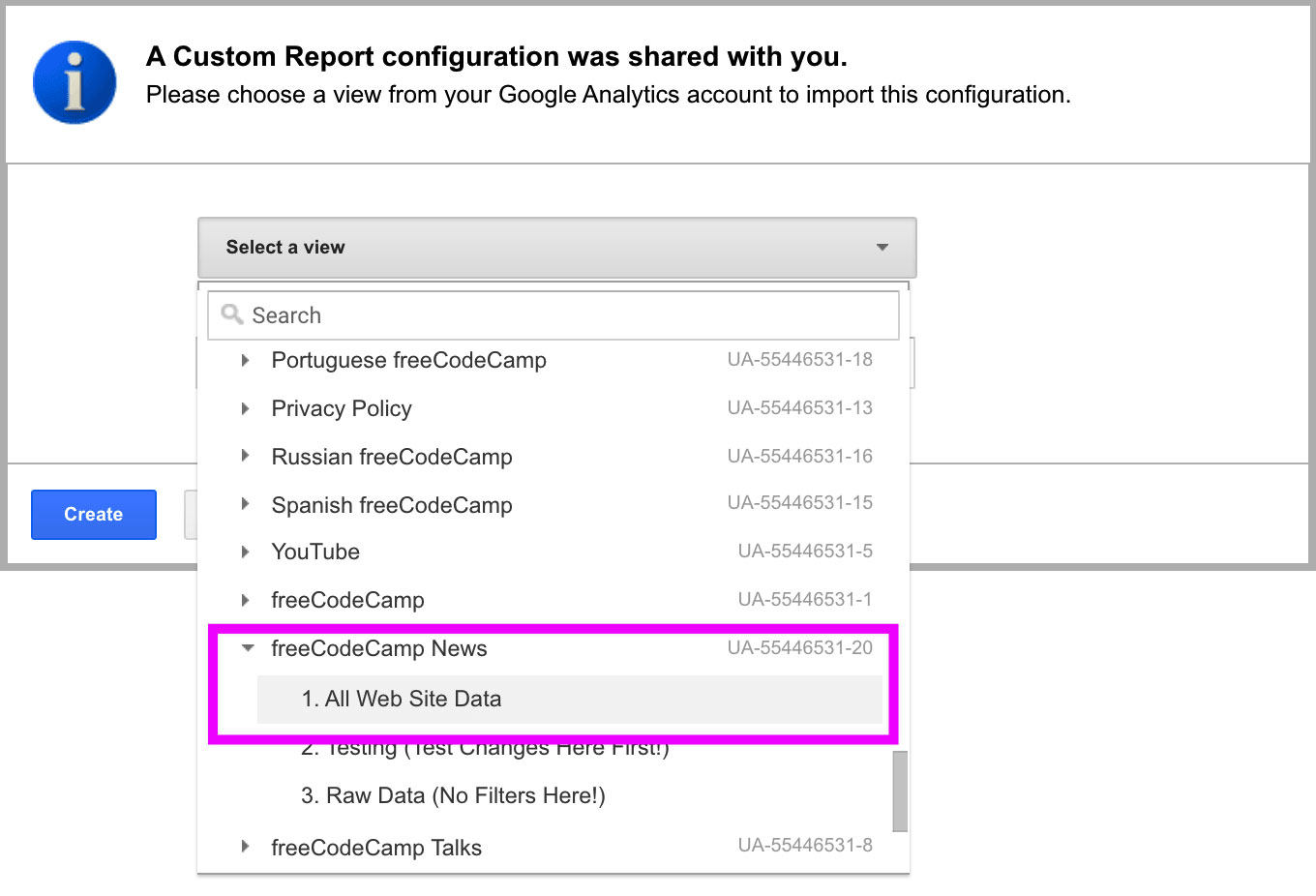 Selecting a Property and View when importing a Custom Report in Google Analytics