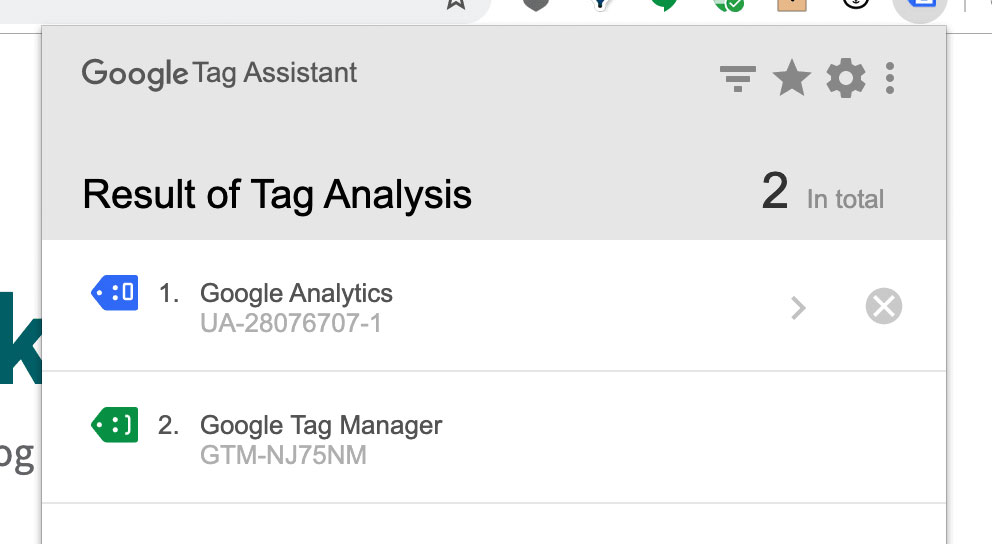 Google Tag Assistant results