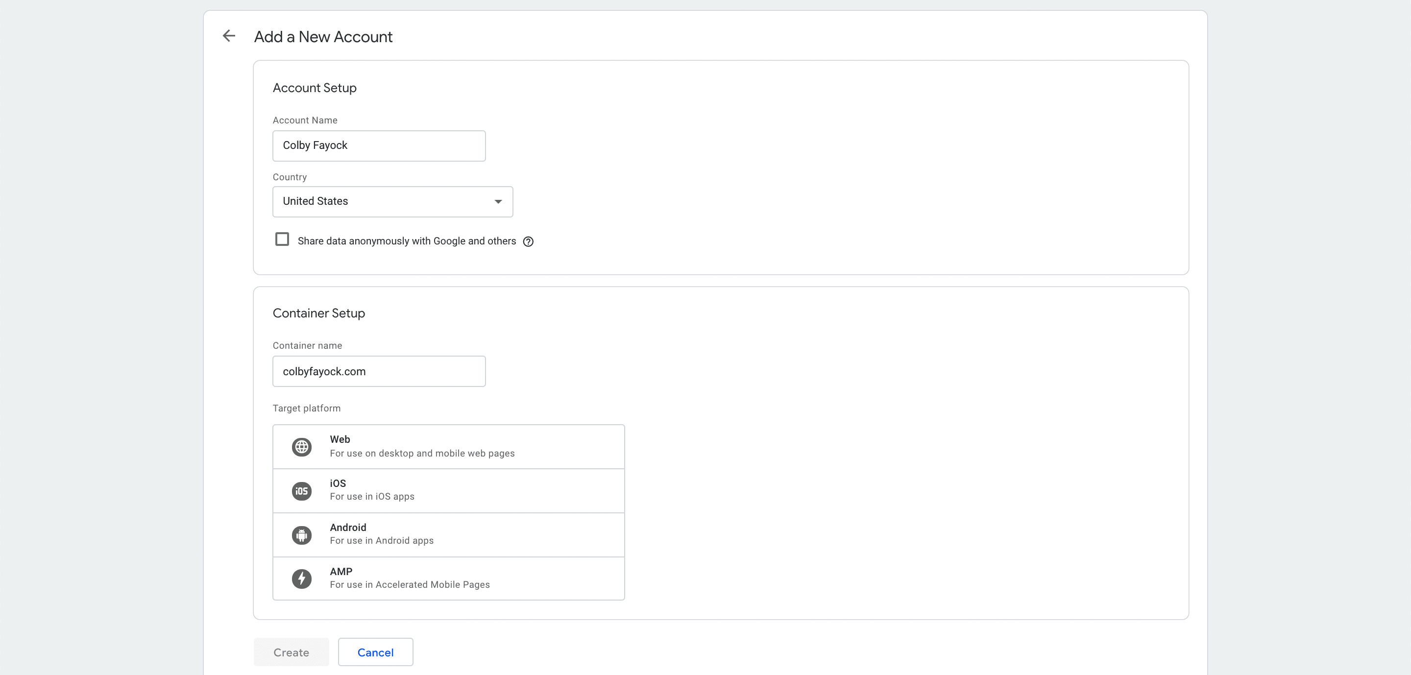 Google Tag Manager new account container